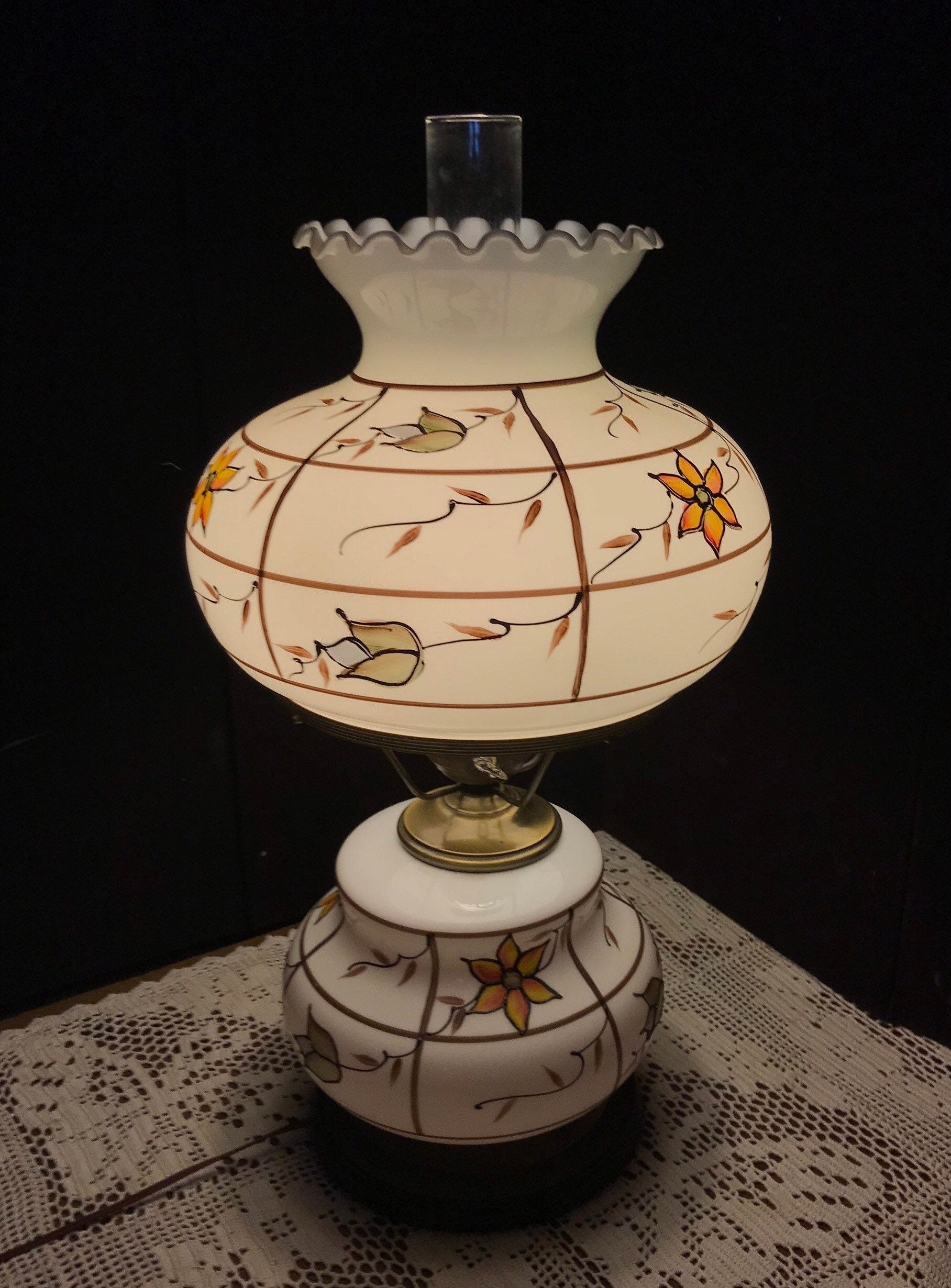 A Large Victorian Hurricane Table Lamp Hand Painted