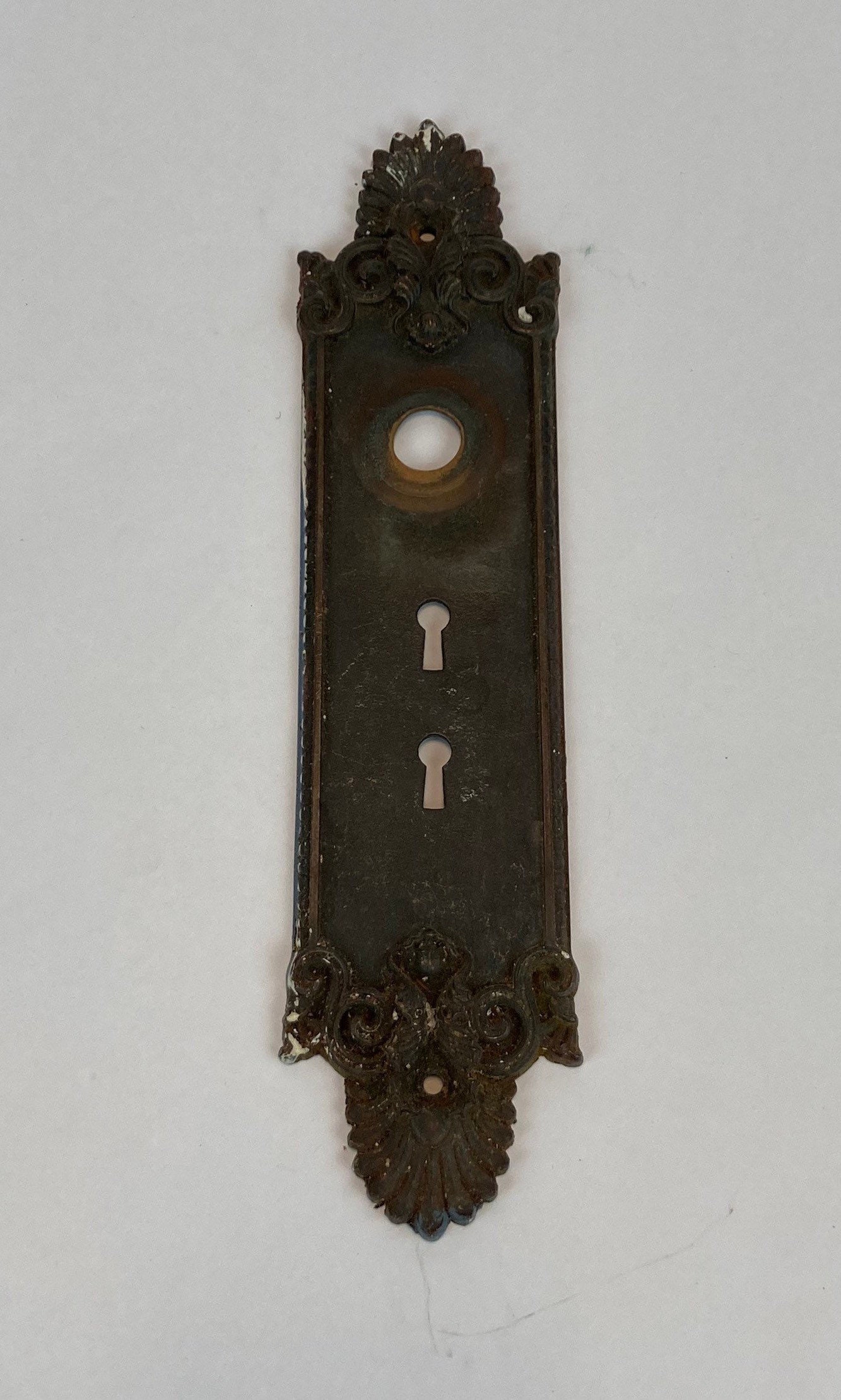 Ornate Antique Brass Door Knob Back Plate, Skeleton Key Lock Door Plate