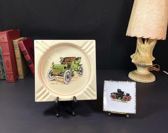 Hyalyn Ceramic Ashtray and Wall Hanging with Antique Cars, 1904 Cadillac and 1901 Oldsmobile, Set of 2