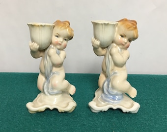 Pair of Two (2) Karl Ens Volkstedt Porcelain Cherub Candle Holders, Made in Germany, Putti Candle Holders