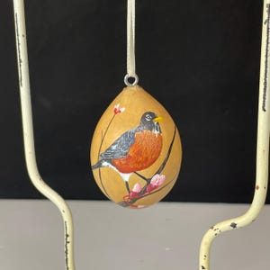 以下が含まれることがあります： ピンクの花が咲いた枝に止まっているコマドリを描いた、手描きのヒョウタンのオーナメント。ヒョウタンは薄い茶色で、コマドリは灰色、黒、オレンジ、白でリアルに描かれています。