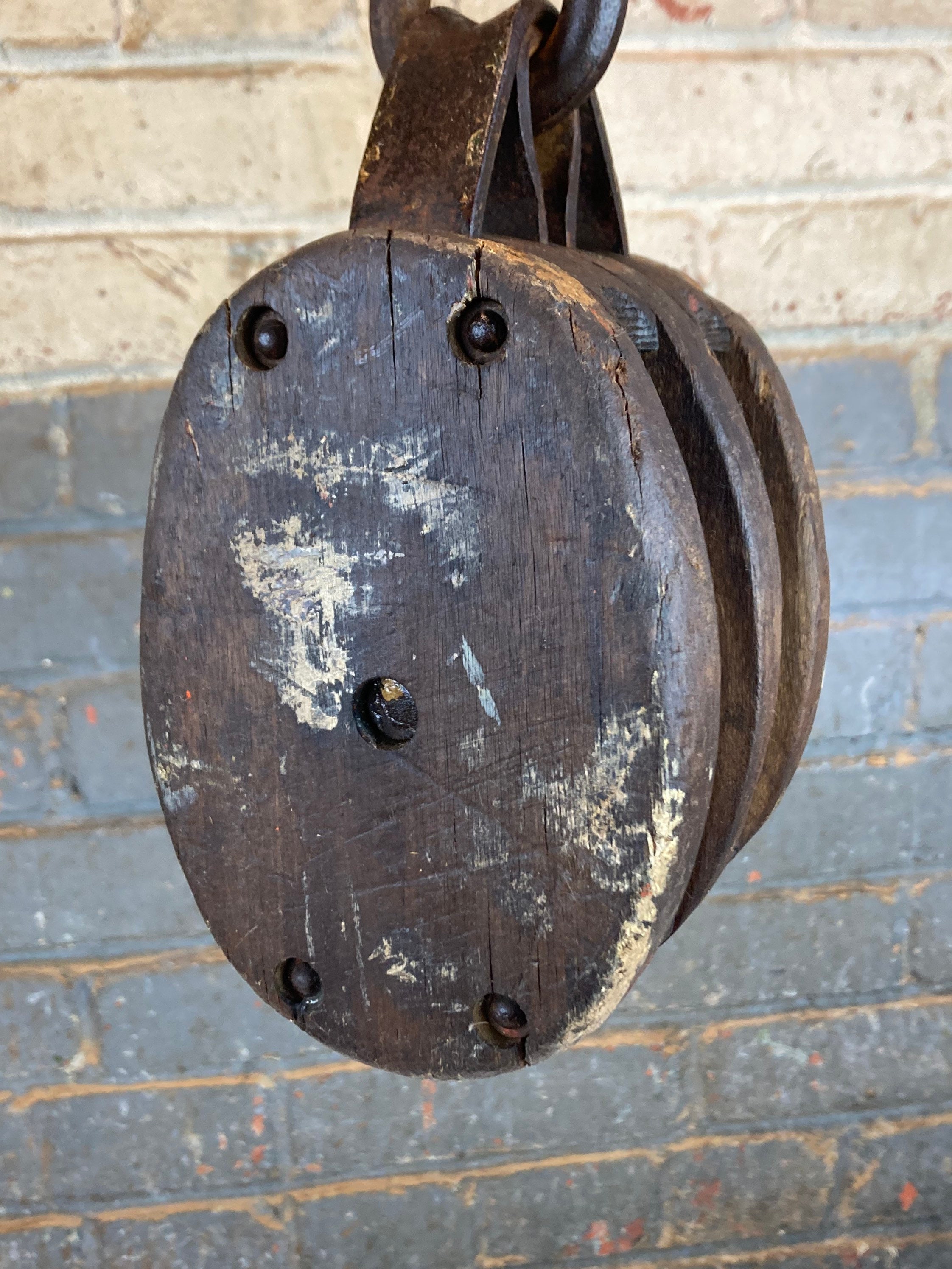 Vintage Double Wooden Block and Tackle Pulley with Large Iron Hook