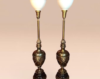 A Pair (2) STIFFEL Hollywood Regency Brass Torchier Table Lamps: Lion Head Accents