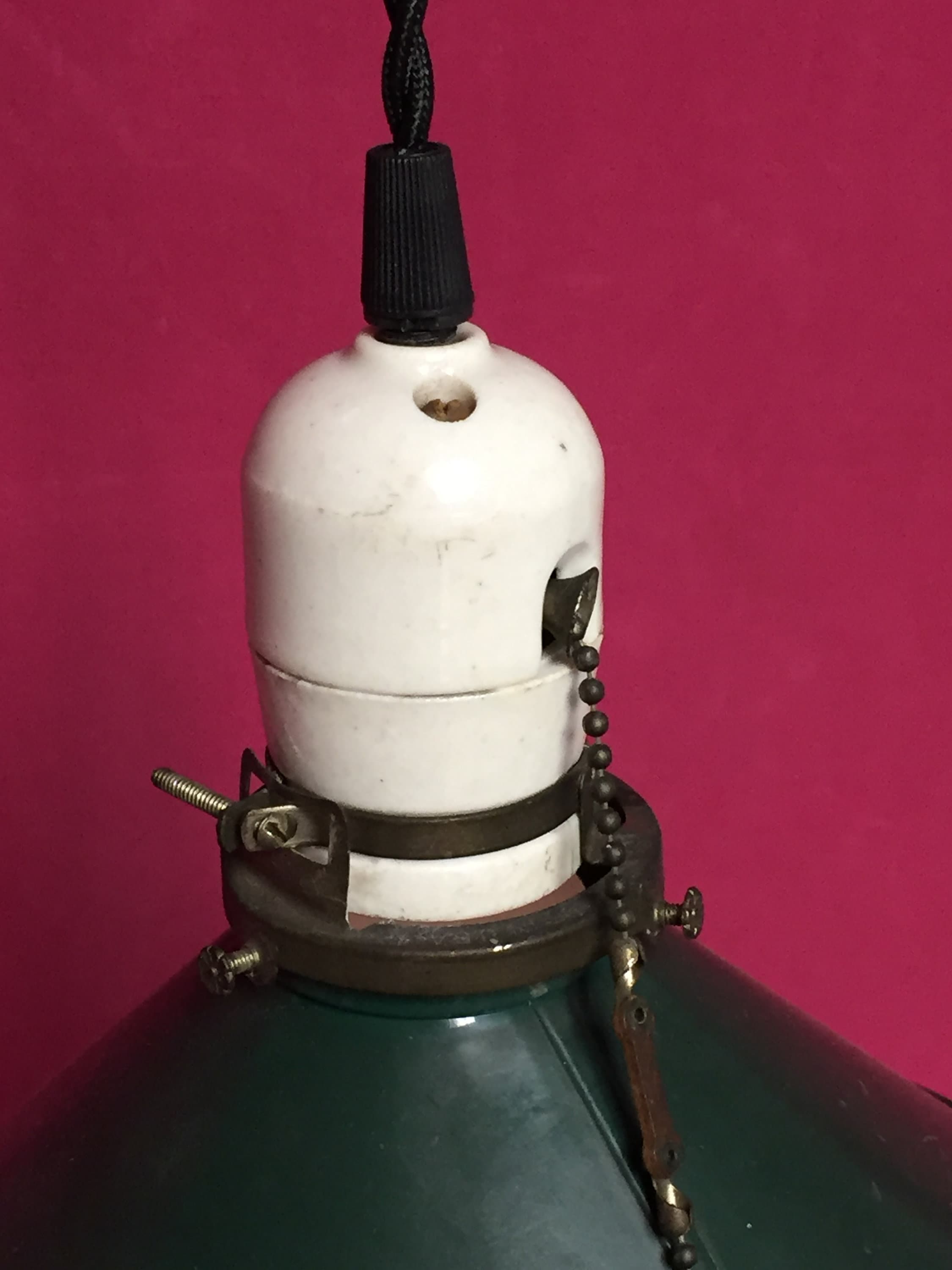 Old Industrial Green Metal Pendant Barn Light Fixture with Porcelain