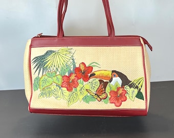 Etienne Aigner, Woven Straw and Faux Leather Handbag with Embroidered Toucan
