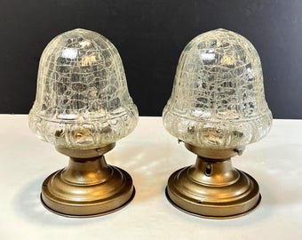 2 (A Pair) 1950's Mid Century Crackle Glass Brass Ceiling Light Fixture, Surface Mount Light, Refurbished