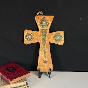 Handmade Pottery Wall Cross, Artist Signed g Bloom, Textured Clay Religious Art