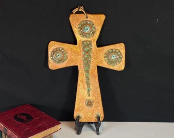 Handmade Pottery Wall Cross, Artist Signed g Bloom, Textured Clay Religious Art