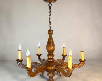 Large Carved Wood 6 Arm Chandelier Hanging Light Fixture