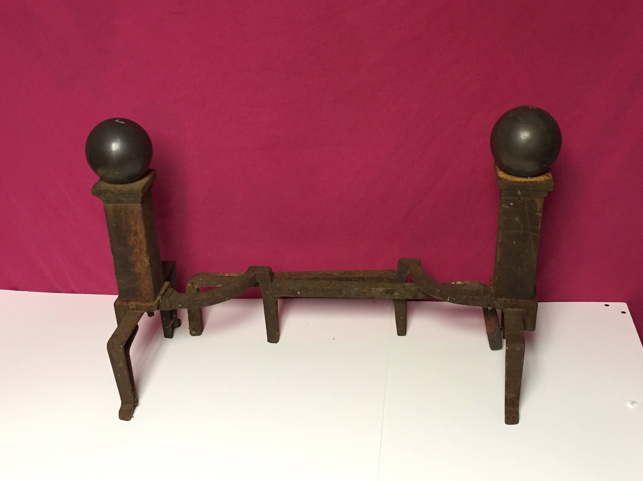 Antique 1922 Peerless BRASS and Iron Andirons Heavy Canon Ball Top Fire