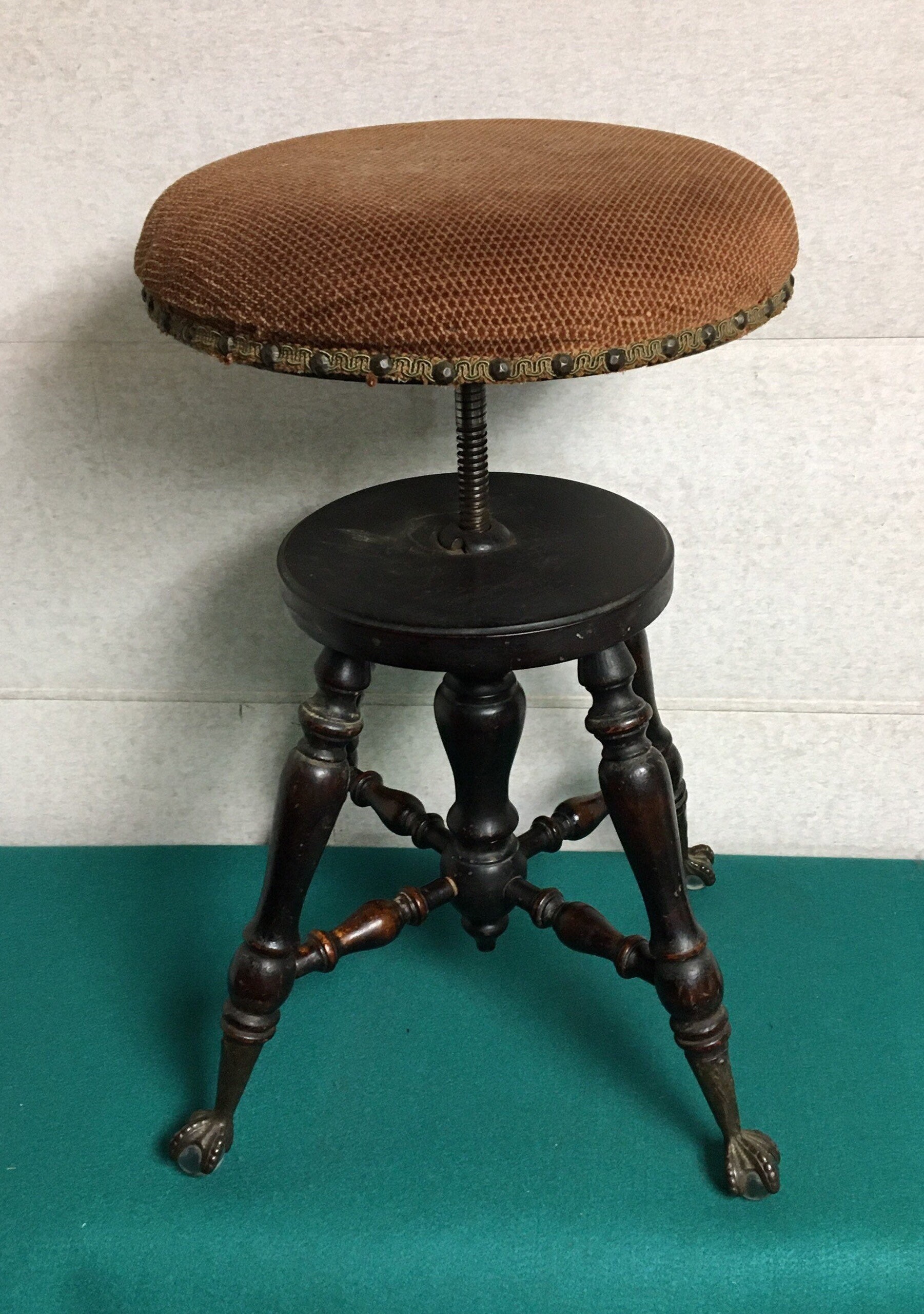 Original 1930's Antique Adjustable Piano Stool, Iron Claw and Glass
