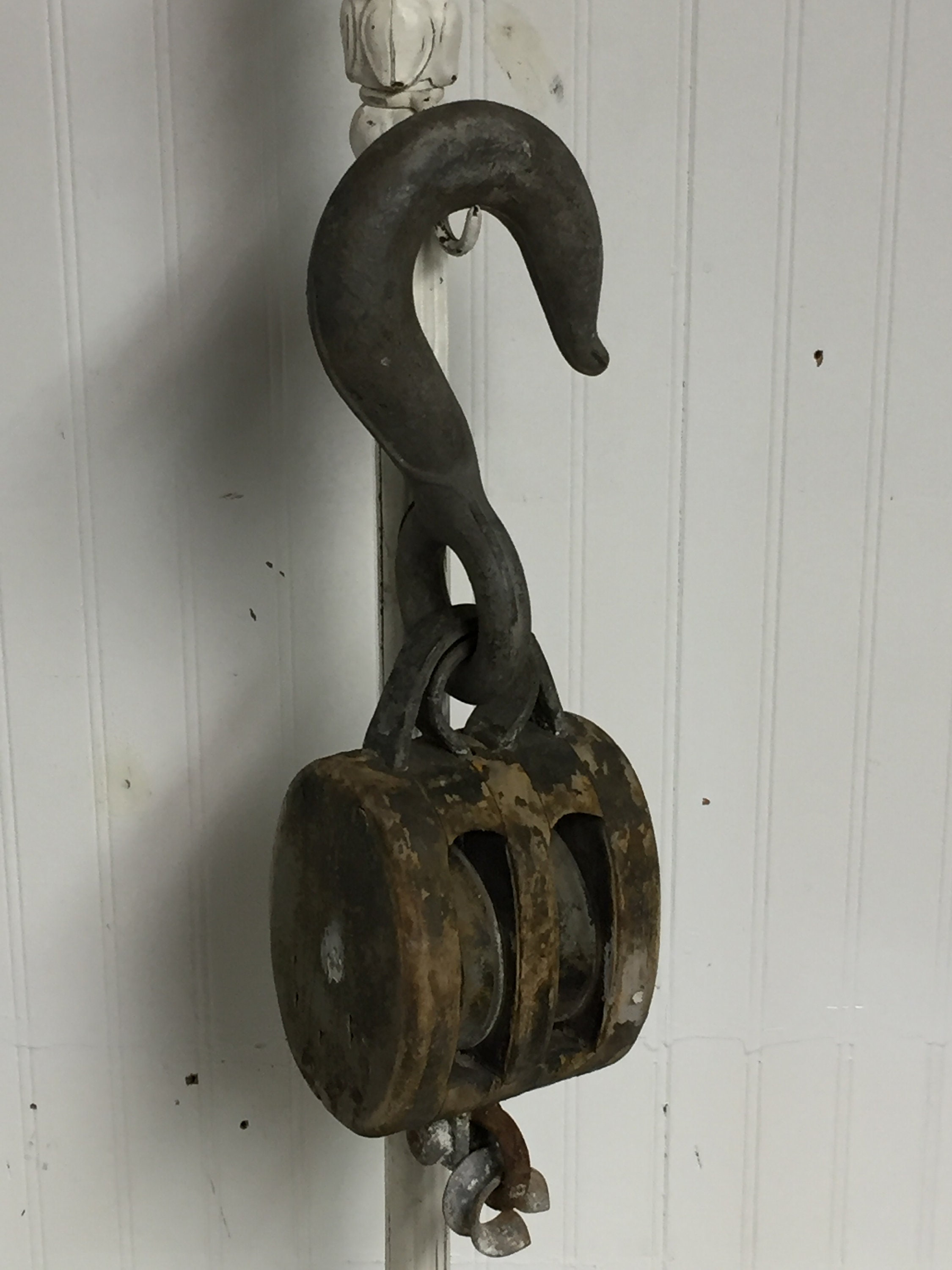 Vintage Double Wooden Block and Tackle Pulley w/ Iron Wheels & Large