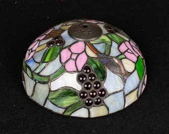 Vintage Slag Stained Glass Table Lamp Shade, Leaded Glass, Tiffany Style, Purple, Pink Floral Grapes