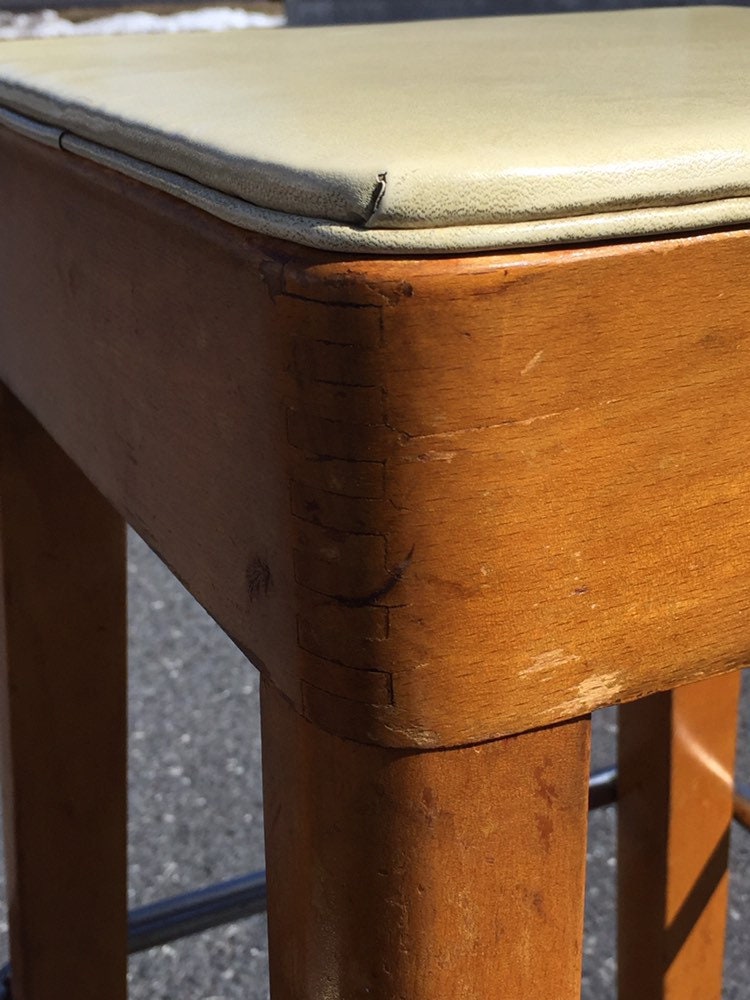 Two (2) Mid Century 24 Wooden Counter Stools, Chrome Footrest, Retro