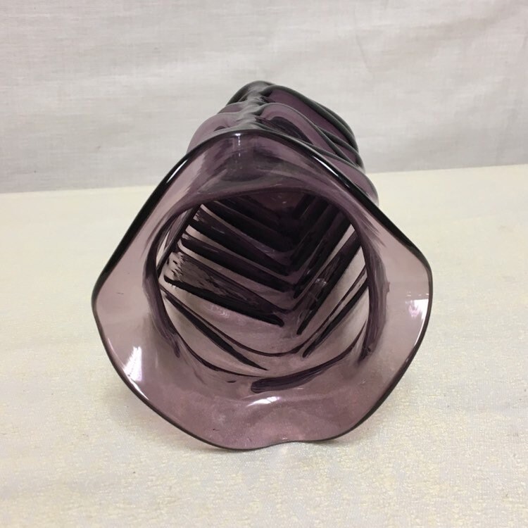 Blenko Hand Blown Amethyst Glass Vase, Wayne Husted 607 Purple Vase, Square Zig=Zag Blown Out