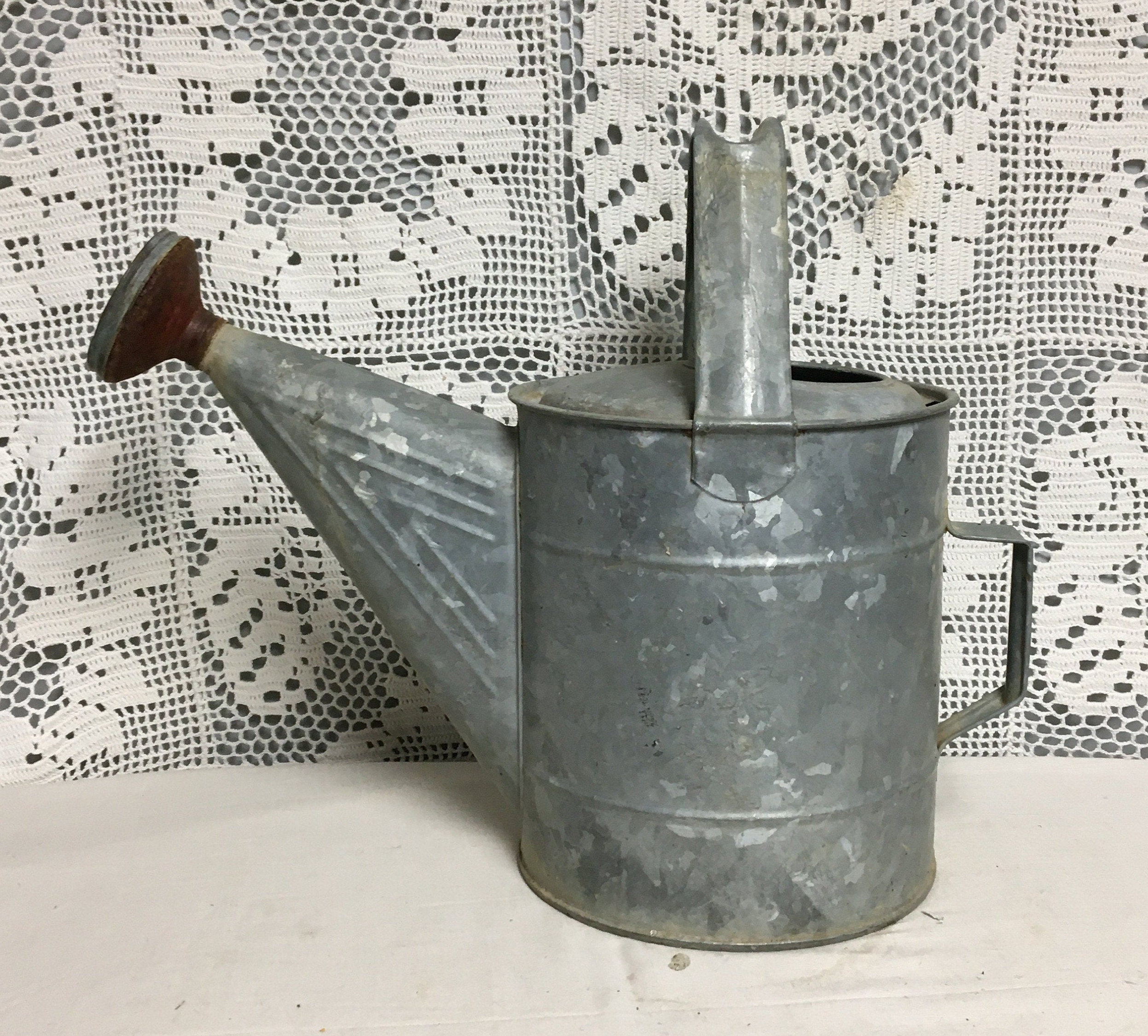 1950's Galvanized Metal Watering Can with 2 Handles & Copper Spout Head