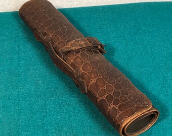 Antique Rolled Document Holder, Alligator Leather, Map Carrier, Scroll Carrier