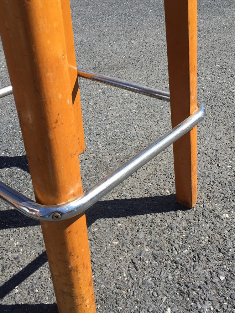 Two (2) Mid Century 24 Wooden Counter Stools, Chrome Footrest, Retro