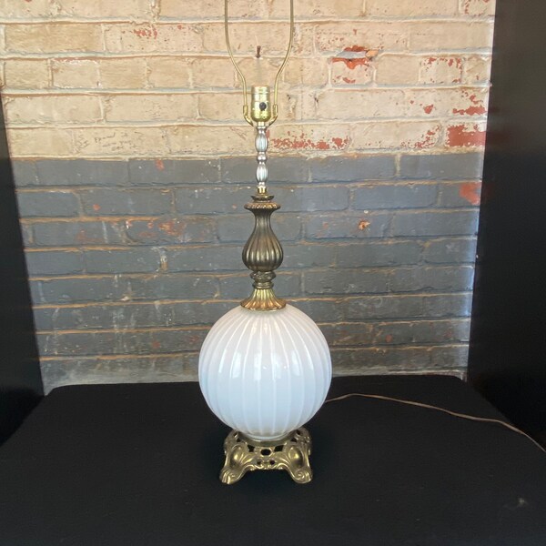 Mid Century Milk Glass Ball Table Lamp with Footed Brass Base, 1970's Retro