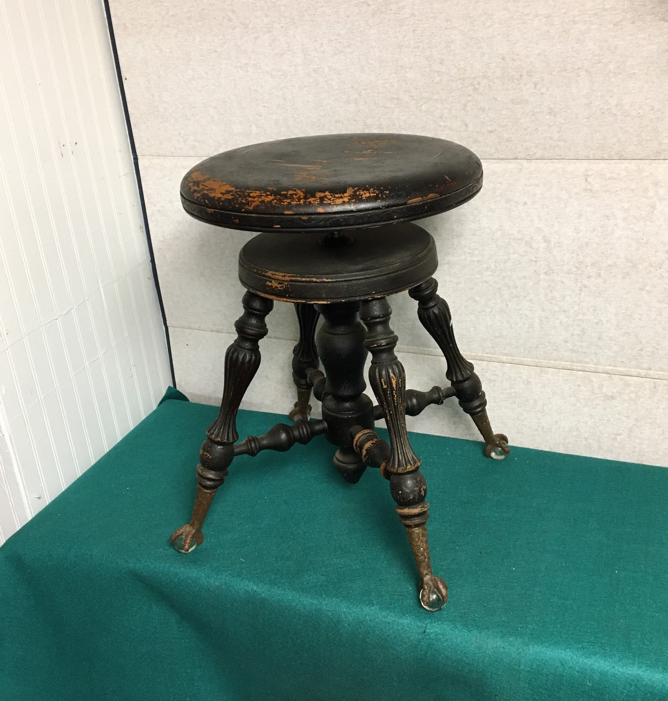 Original 1930's Antique Adjustable Piano Stool, Iron Claw and Glass