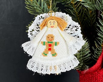 Mini Clothespin Angel Ornament with Cross Stitch Dress, Finished