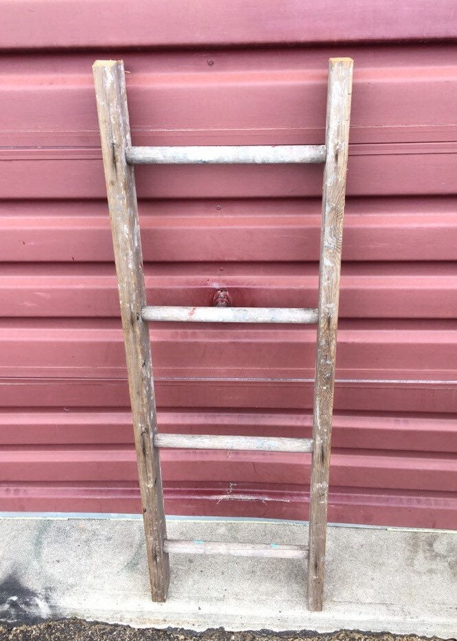 Antique 48 Wooden Blanket Ladder with Chippy Paint Splatter, Old
