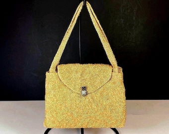 Vintage Gold Beaded Handbag: Rhinestone Pineapple Clasp, Made in France