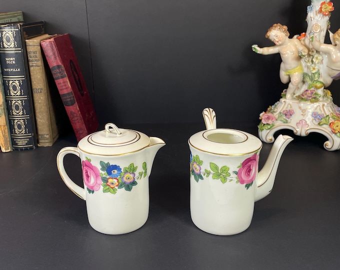 Featured listing image: Antique A.E. Gray Porcelain Teapot & Creamer Set: Floral Lithograph, Gold Trim
