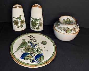 Five (5) Pieces of  El Palomar Green Pottery by Ken Edwards, Green Bird Pottery, Salt and Pepper Shakers, Trivet, and Small Bowl with Lid