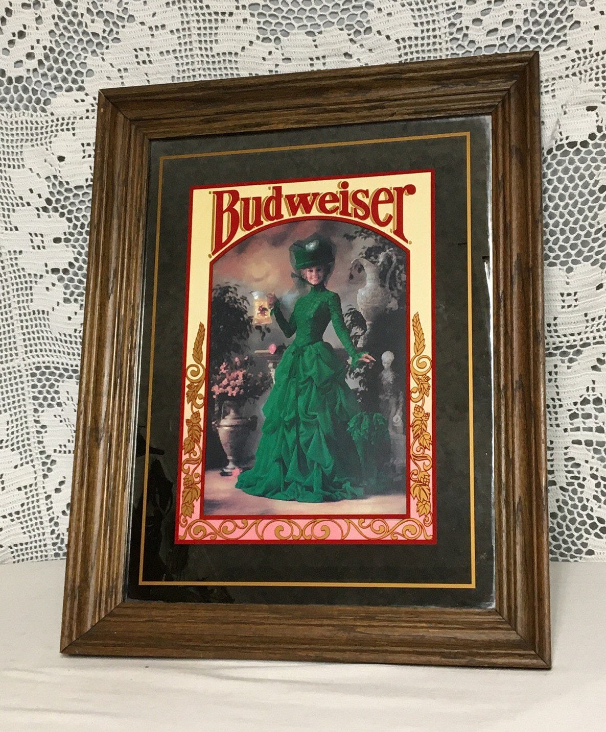 1990's BUDWEISER Framed Mirror, Victorian Lady Wearing Green Dress, Beer  Advertisement Sign