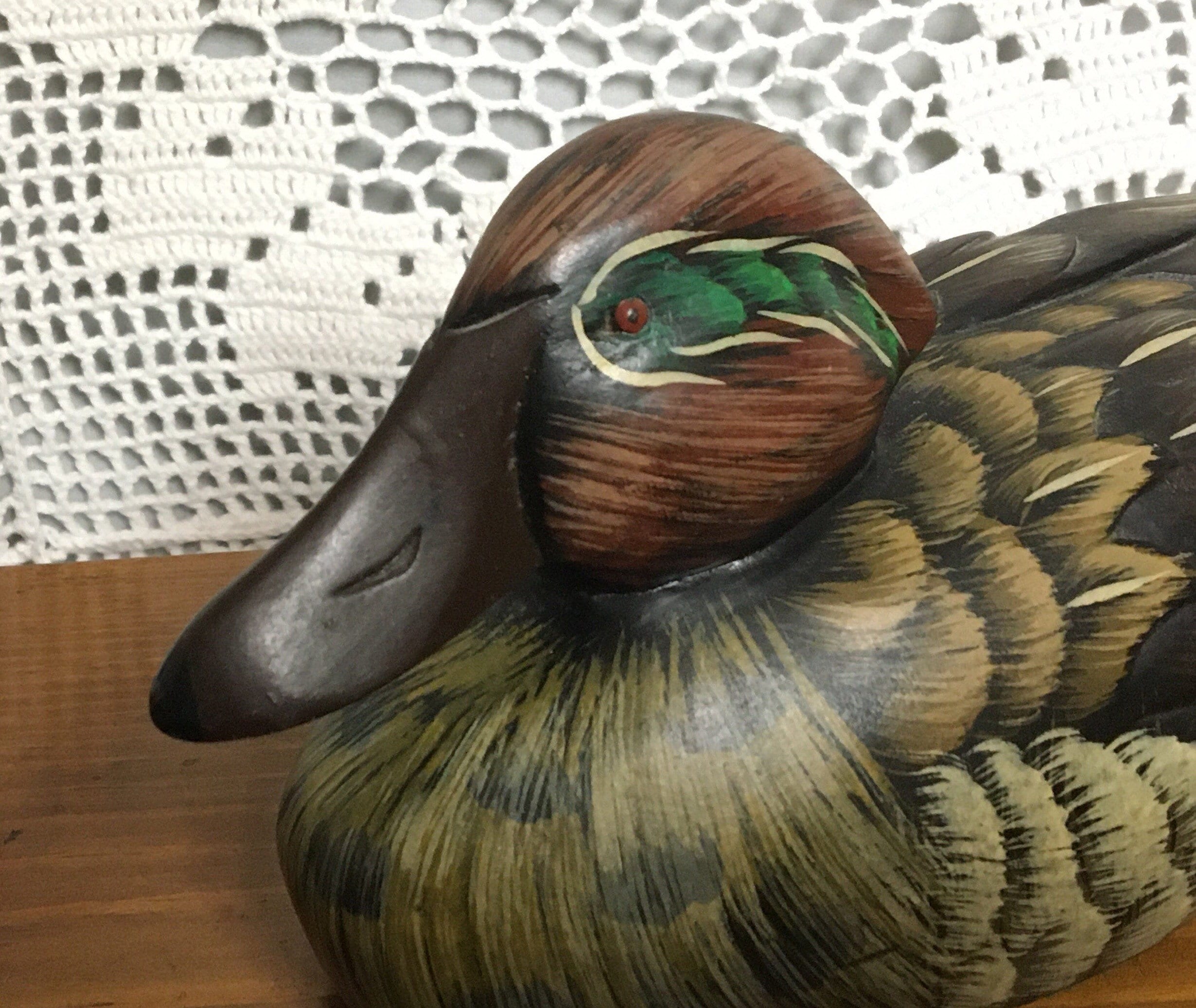 Wooden GreenWinged Teal Duck, Hand Carved, Drake, Small Duck Figurine