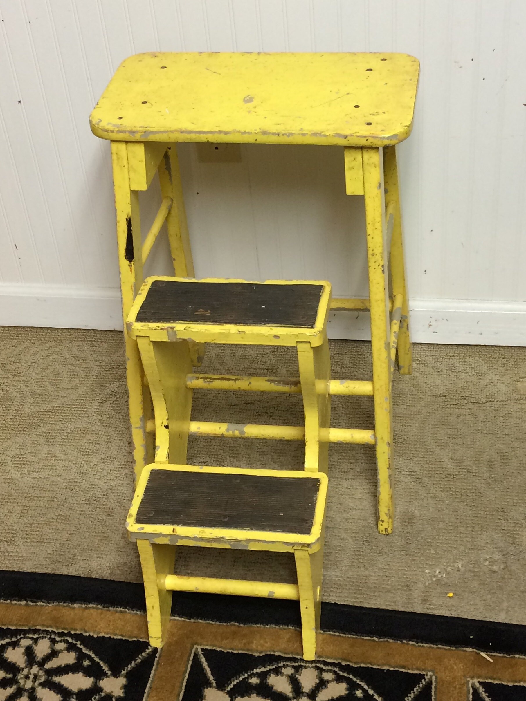 Unique Vintage Yellow Wooden Step Stool with Folding Steps, Display