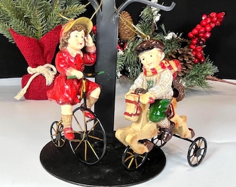 Vintage Style Ornaments, Girl and Boy on Antique Riding Toys, Set of 2