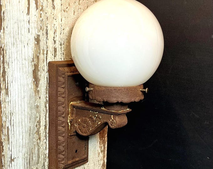 Featured listing image: 1900's Cast Iron Electric Wall Sconce with Milk Glass Globe, NEW WIRING: Gothic