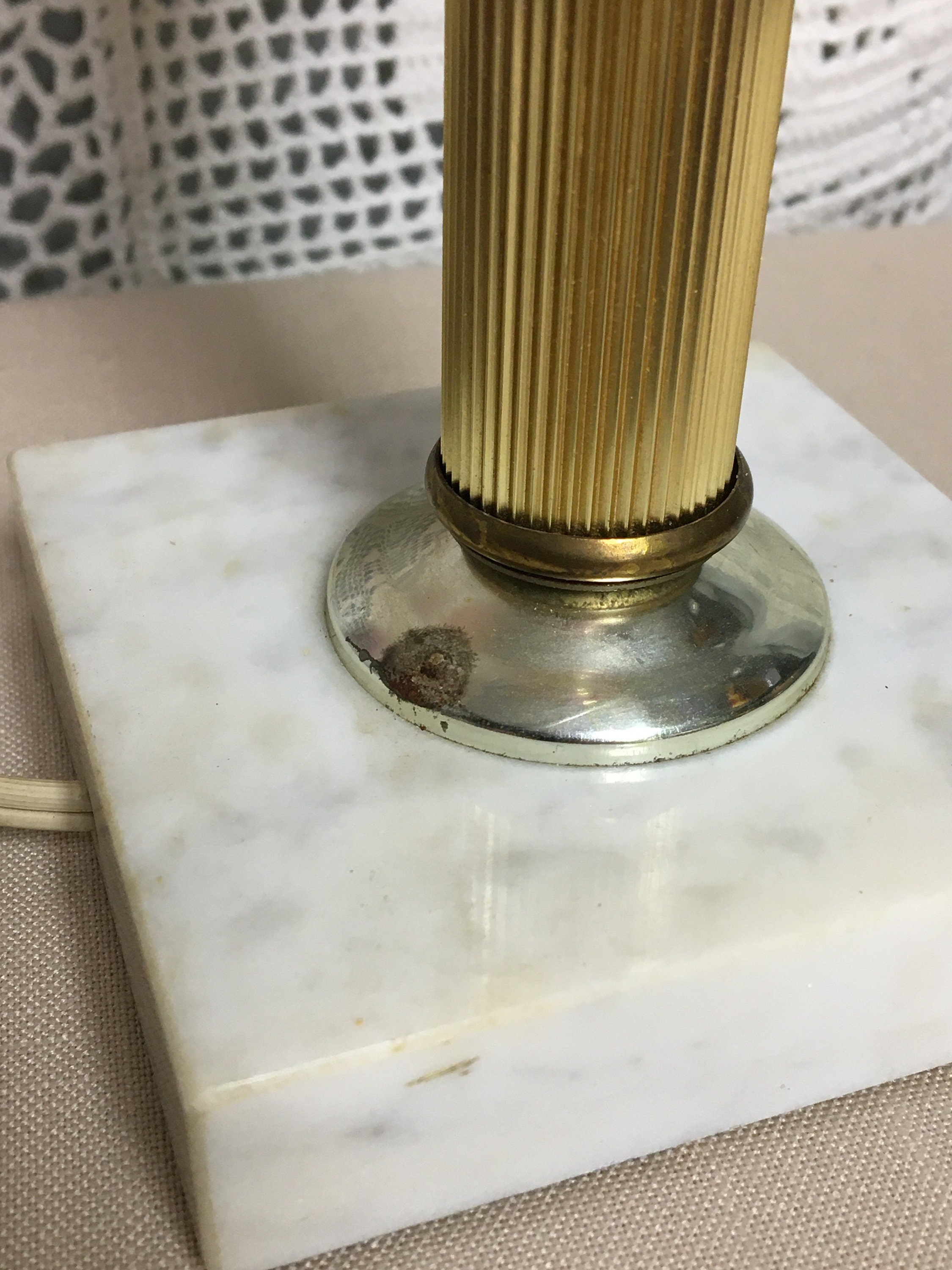 Pair Mid Century Brass & Marble Table Nightstand Lamps with Pink