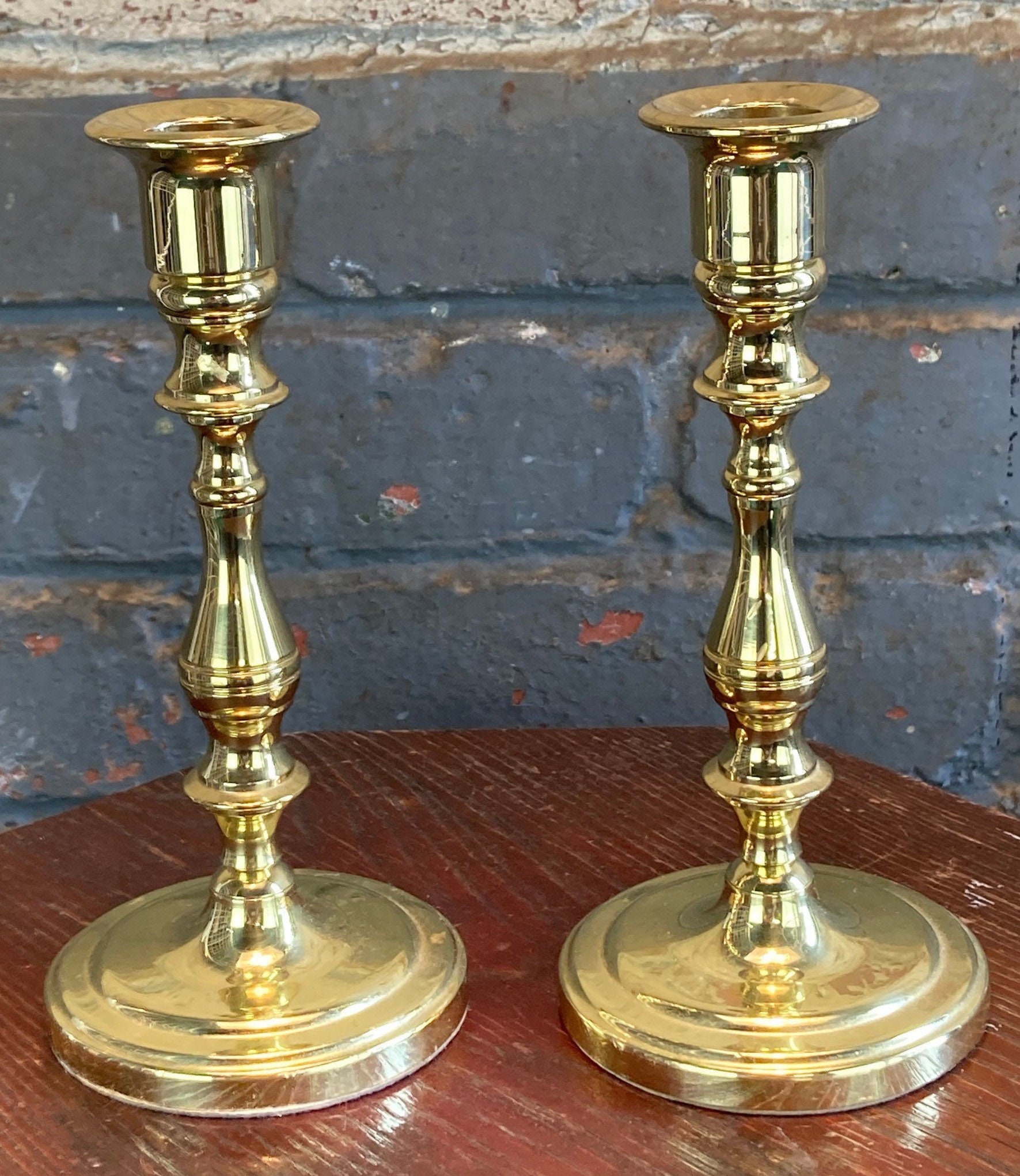 Pair Baldwin Brass Candle Holders, 7 Tall, Solid Brass Candlesticks