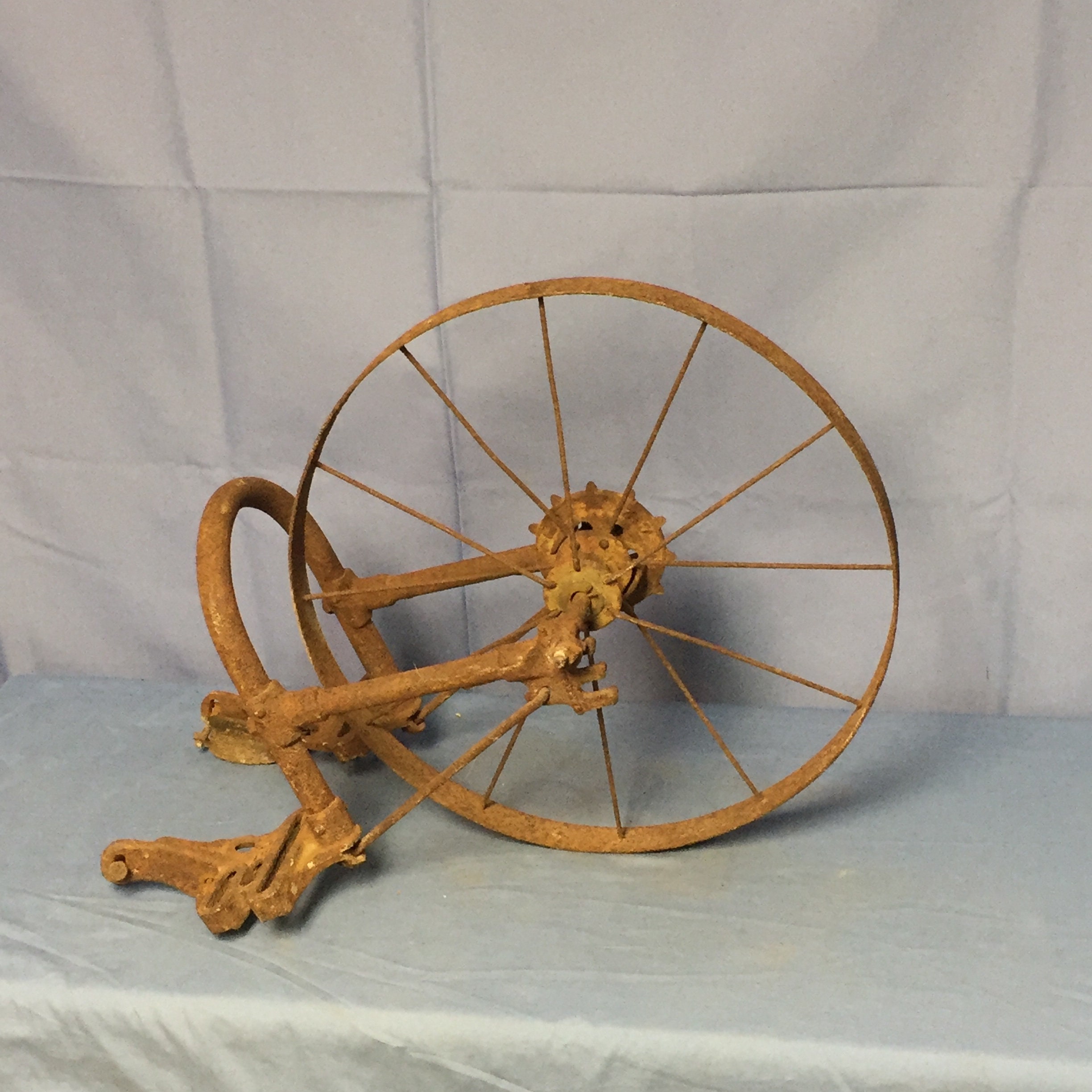 Antique IRON AGE Steel Spoke Wheel Farm Corn Seeder, Cultivator Implement, Primitive Farm Tool