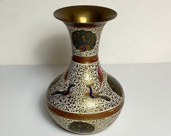 Brass and Enamel Vase, Peacock Vase, Cloisonné Bud Vase