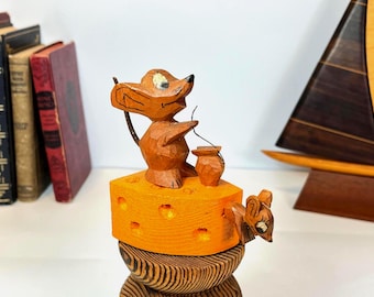 Hand Carved Wood, Mice on Cheese, Signed Jack G Messenger, Hershey Pennsylvania