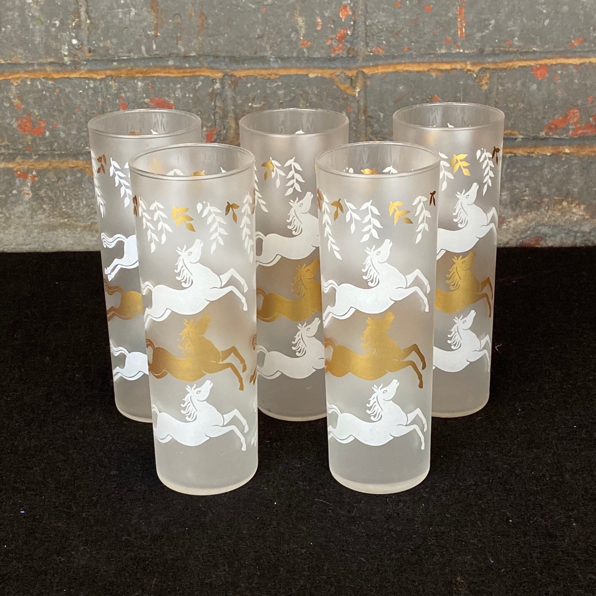 5 Mid Century Frosted Highball Glasses with 3 Deer, Set of 5 Tom