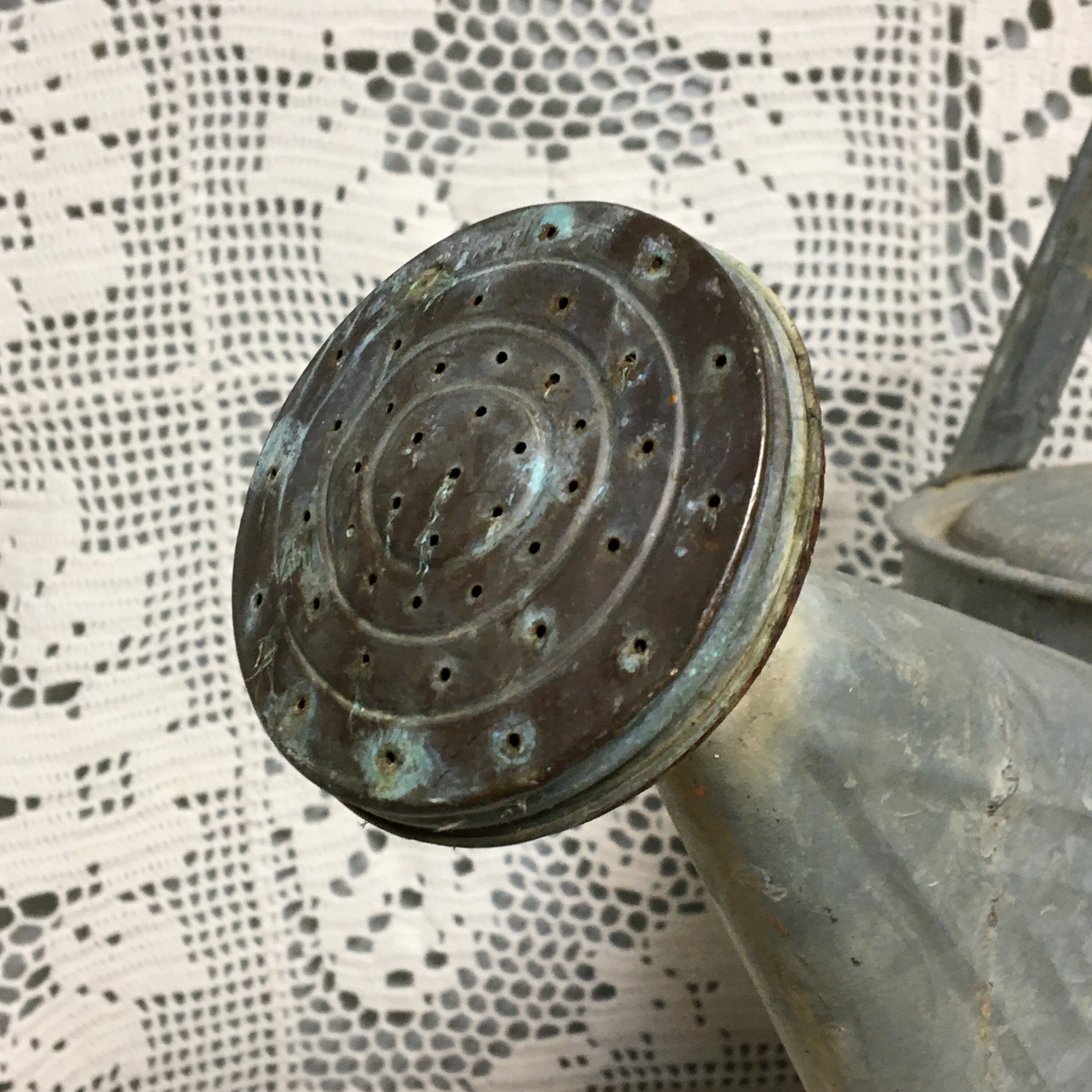 1950's Galvanized Metal Watering Can with 2 Handles & Copper Spout Head