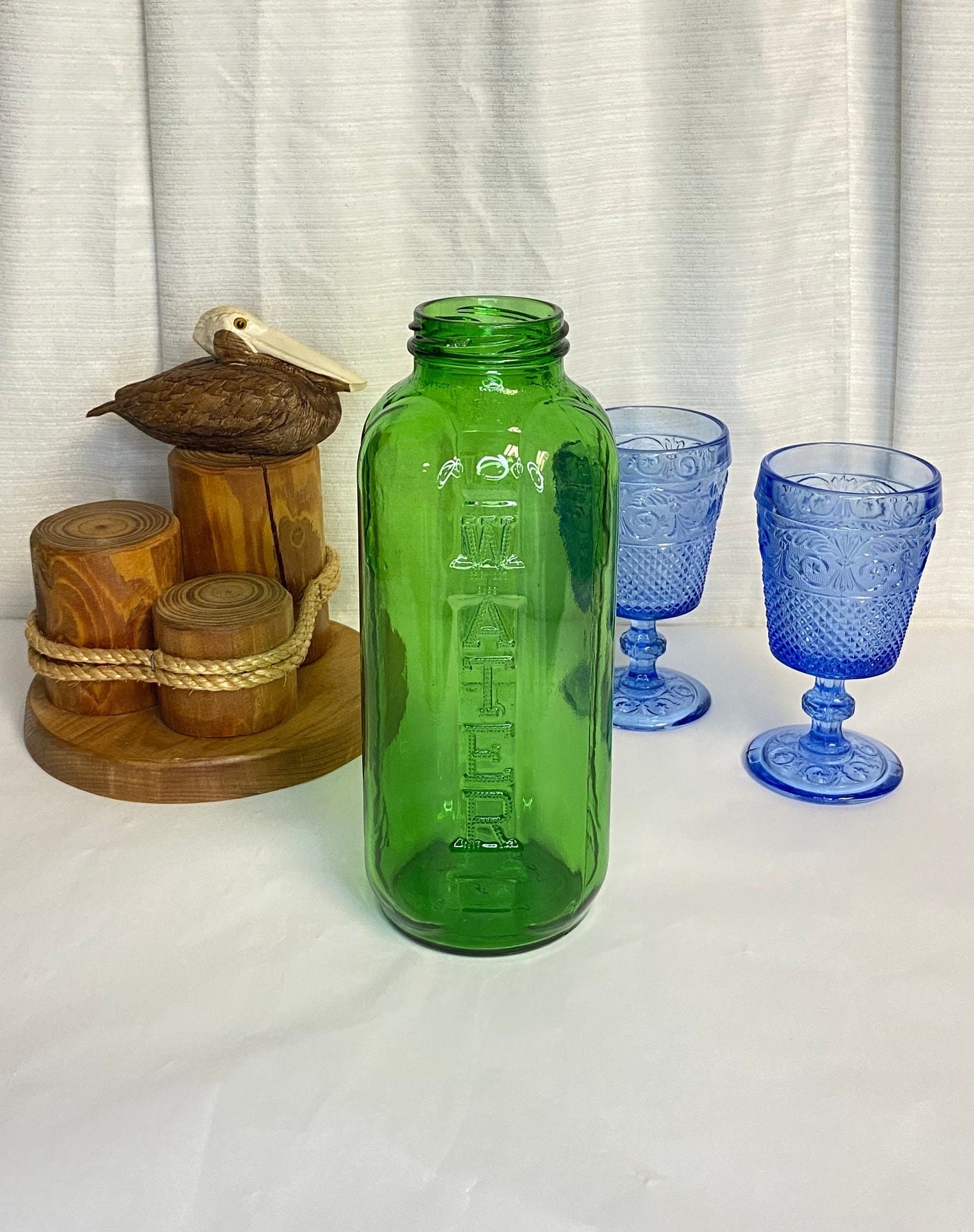 2 Vintage Anchor Hocking Embossed Glass Juice Refrigerator Bottles