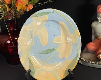Larry Clark Handmade Pottery Plate, Spring Plate, Blue with Yellow Flowers