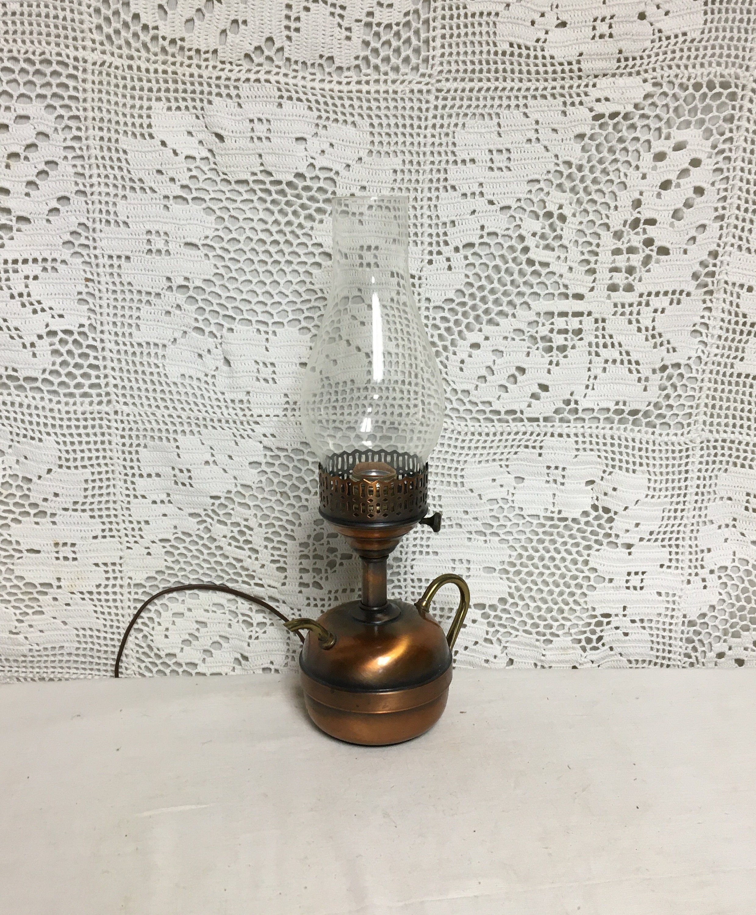 Mid Century Copper Teapot Electric Table Lamp with Glass Chimney, Night