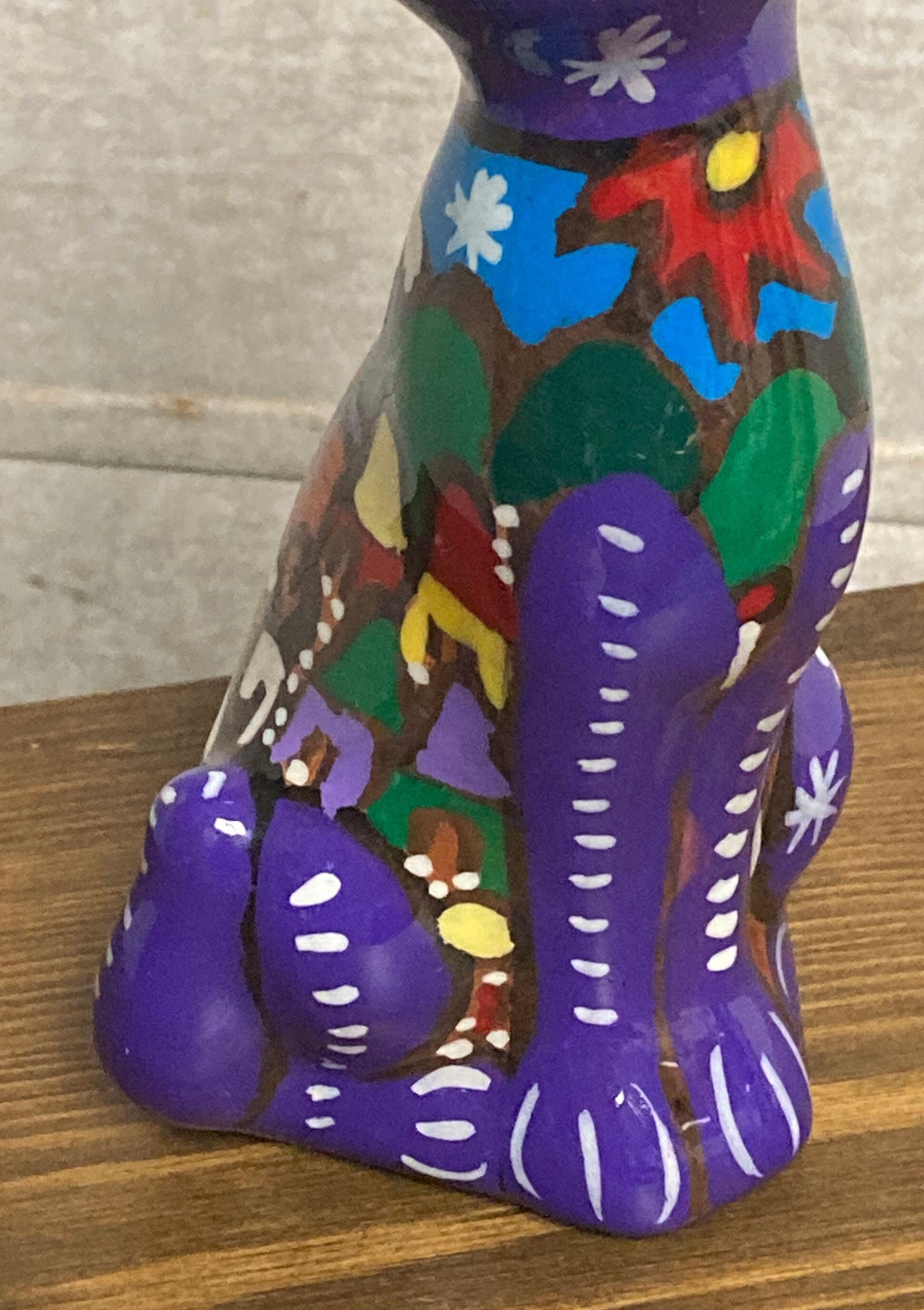 Purple Talavera Mexican Pottery Cat, Hand Painted Folk Art