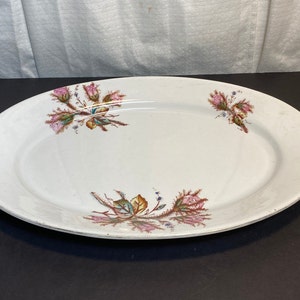 May include: White oval serving platter with a floral design featuring pink, green, and brown roses.