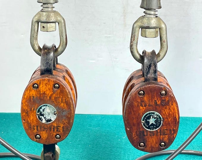 Featured listing image: 2 Boston & Lockport Wooden Pulleys Block and Tackle, Barn Pulley
