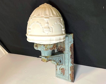 Early 1900's Cast Iron Electric Wall Sconce with Embossed Satin Glass Globe, NEW WIRING