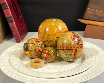 Wooden Nesting Balls, Set of 4, Old World Globe, Nautical Theme