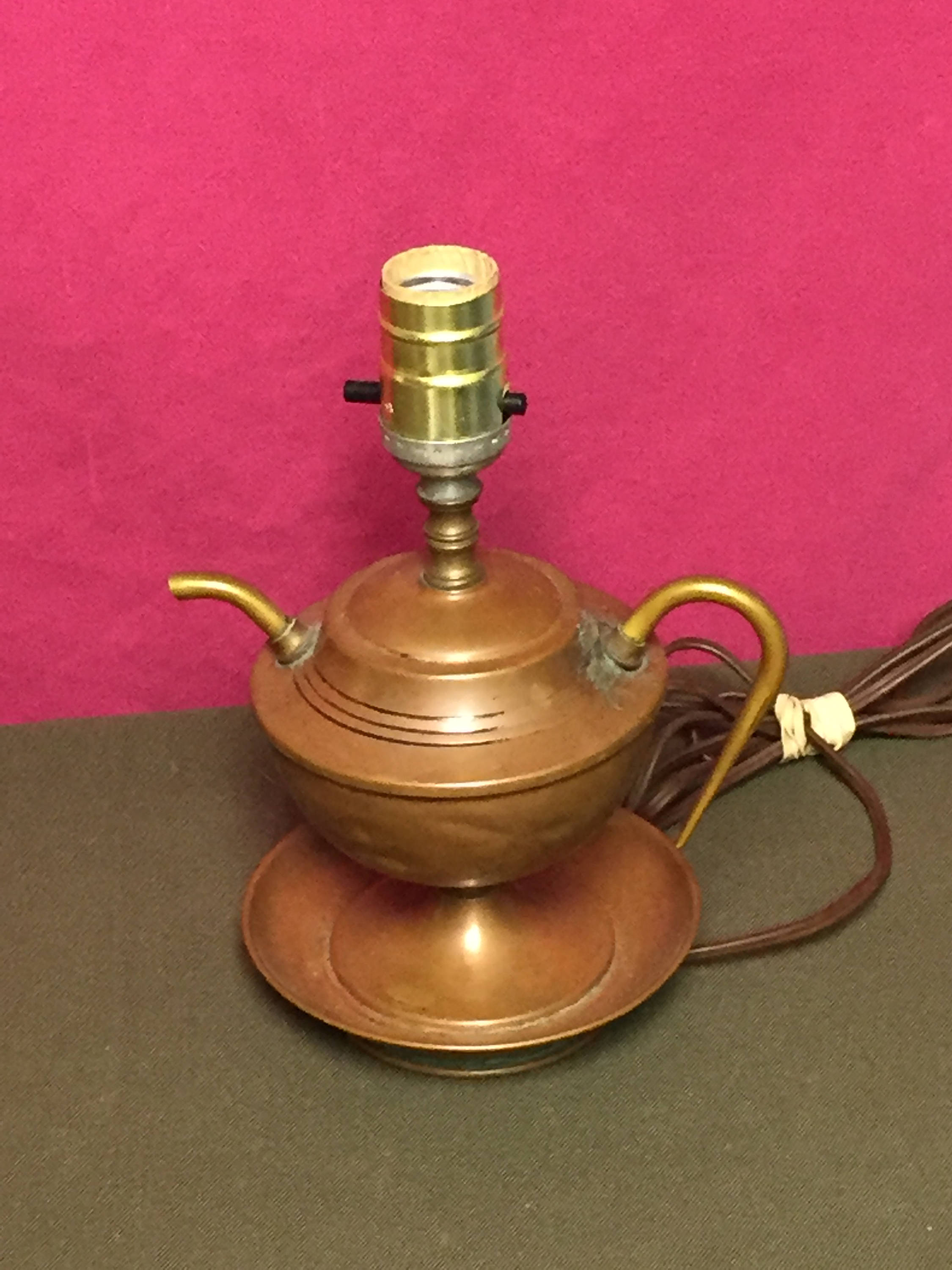 An Old Copper Oil Style Electric Table Lamp, Teapot Night Stand Lamp